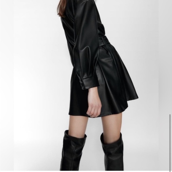 Zara Dress Faux Leather Black Button Belted Jacket Dress Size Medium - Picture 2 of 12